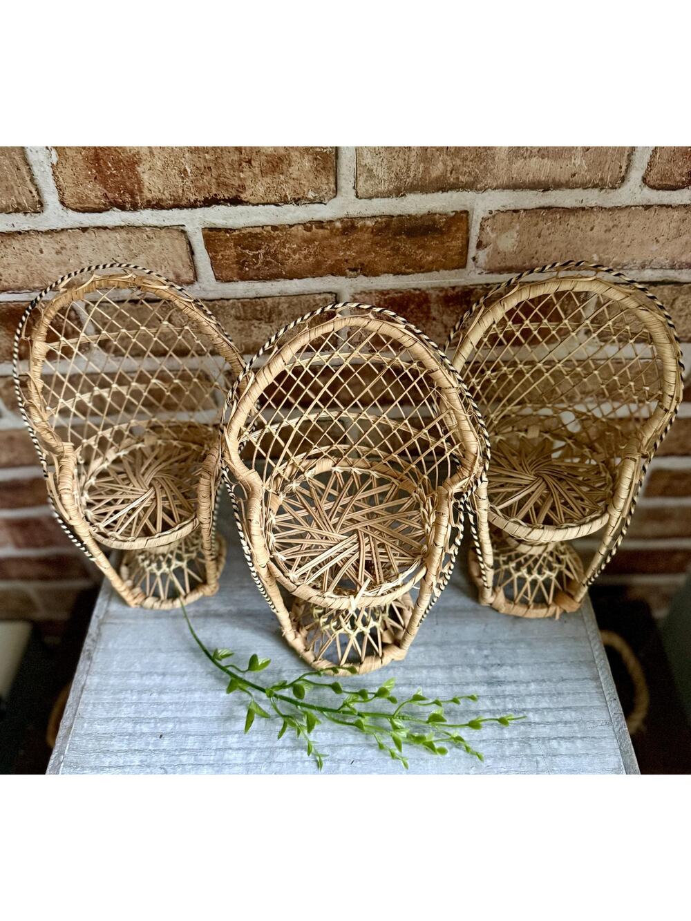 Mini Peacock Rattan Chairs Set of 3| 1970s Boho Wicker Fan Back Chairs